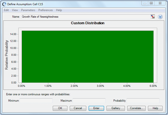 この図は、カスタム分布の最初の値範囲の一様分布範囲を示しています。