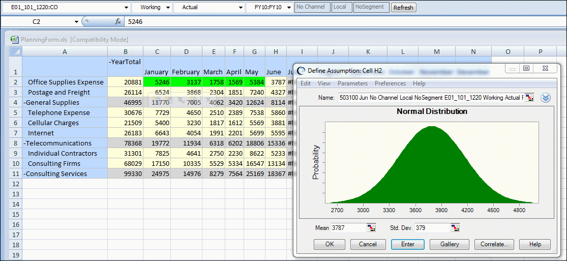 前の段落で説明した月次費用と年次合計を含むPlanningワークブックです。