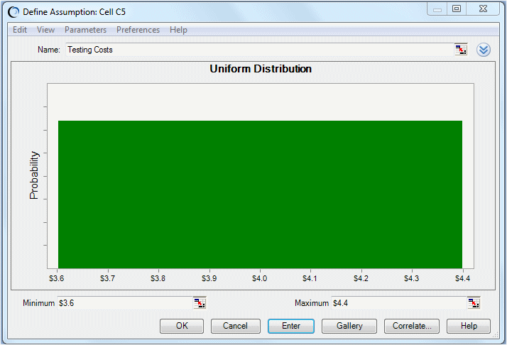この図は、C5の一様分布を示しています。これには、メニュー・バー、仮定名、分布タイプ、分布グラフ、パラメータおよび一様分布が含まれます。