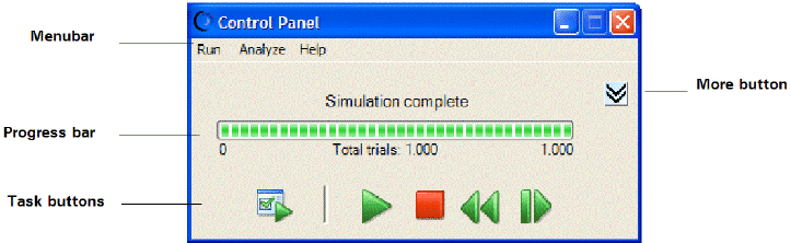 Painel de Controle do Crystal Ball, mostrando a barra de menu, a barra de progresso, os botões de tarefas e o botão Mais.
