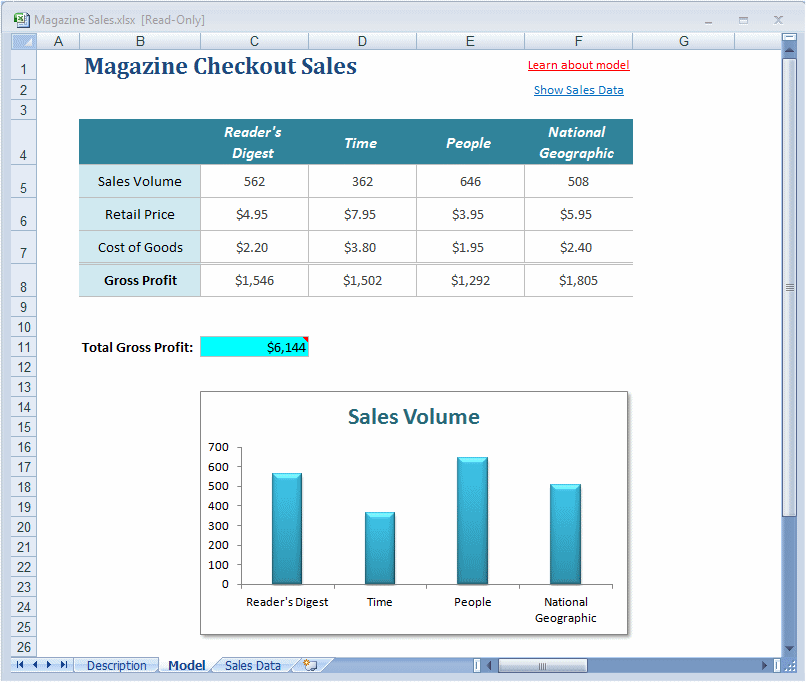 此图显示了 Crystal Ball 示例文件夹中提供的 Magazine Sales 工作簿。