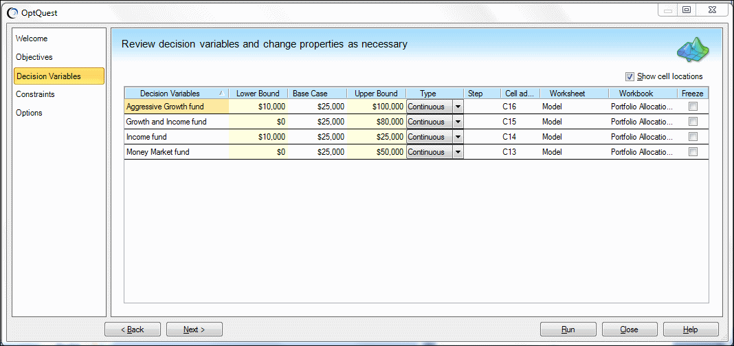 标有单元格位置的“决策变量”面板 - Portfolio Allocation 示例。