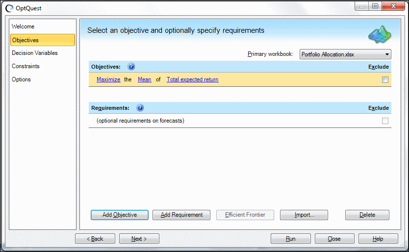 “目标”面板 - Portfolio Allocation 示例（已添加目标）。