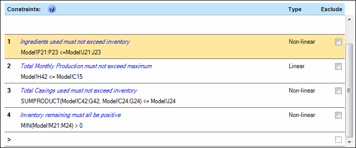 公式 Model!C23:E23 <= Model!C14:E14 引用单元格 C23:E23 中的 SUMPRODUCT 公式，并指明结果必须等于或小于单元格 C14:E14 中的现有库存。