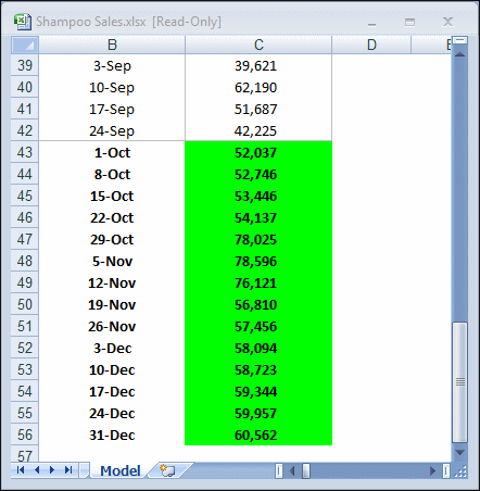 Shampoo Sales.xlsx，结果作为 Crystal Ball 假设粘贴到单元格 C43 到 C56 中。