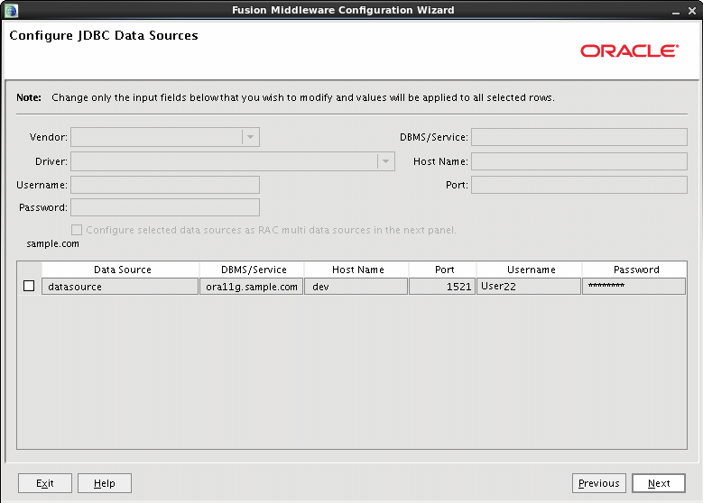 Configure JDBC Sources screen