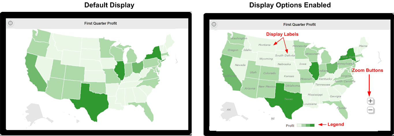 Maps showing display options