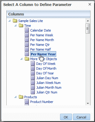 Selecting a column to define a parameter