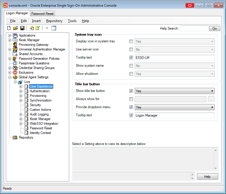 Admininistrative Console with Global Agent Settings expanded