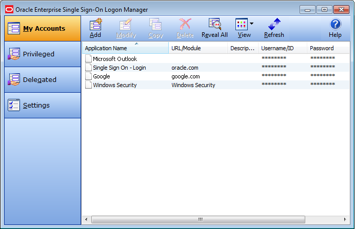Logon Manager My Accounts view