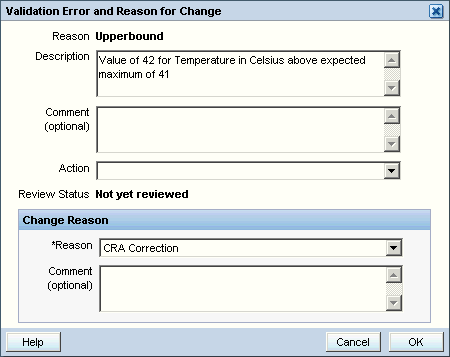 The RDC Onsite Validation Error and Reason for Change dialog