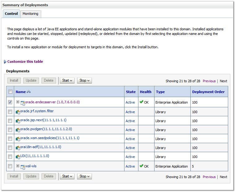 oracle.endecaserverが選択されたWebLogic Serverの「デプロイ」リスト