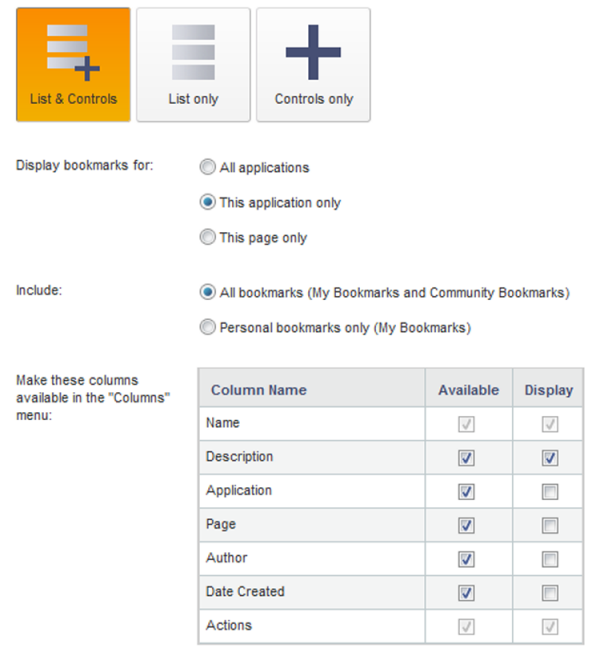 「ブックマーク」コンポーネント編集ビューの「構成」タブのフィールド