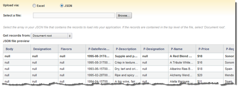 JSONファイルのデータのプレビュー