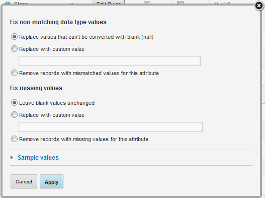 新規データ・セットの不一致値や欠損値を管理するためのダイアログ