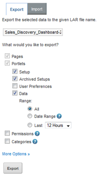 選択したアプリケーションの「エクスポート」ページのオプション