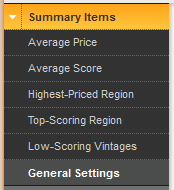 「サマリー棒」編集ビューの左側のメニュー