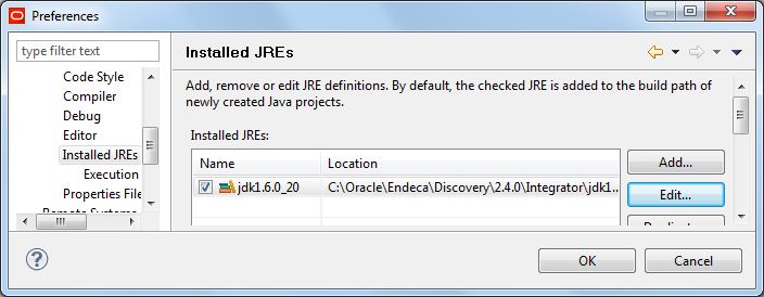 「プリファレンス」ダイアログのインストール済JREページ