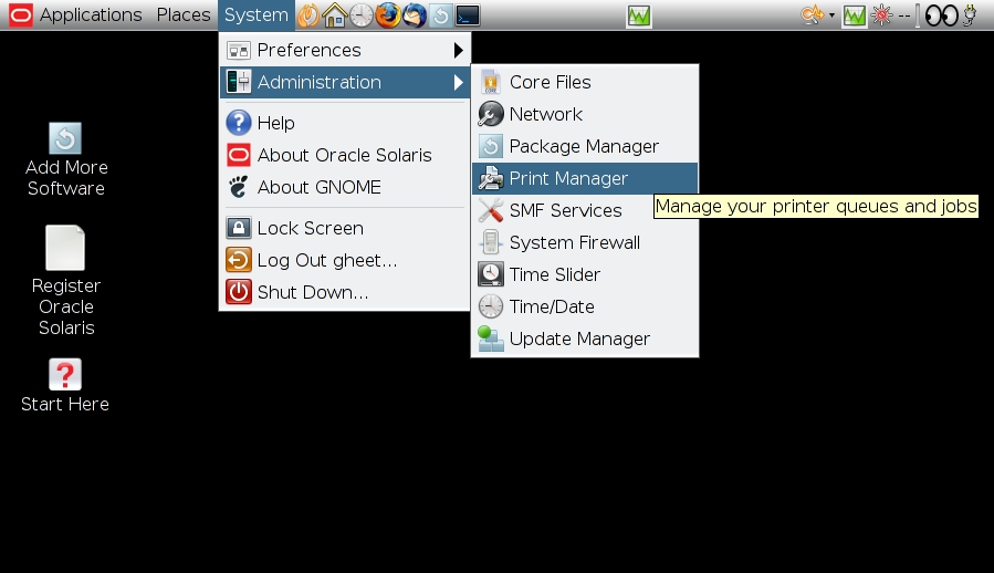 image:Figure that shows the contents of the System menu, with the Administration menu option and the Print Manager menu item chosen.