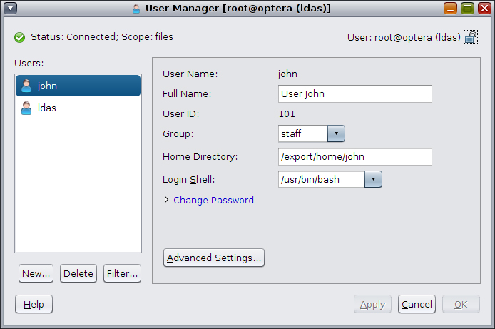 image:This figure shows the main dialog box for the User Manager                         GUI.