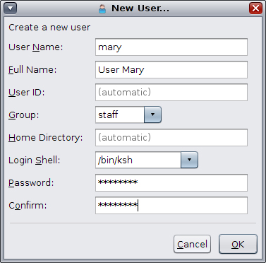 image:This figure shows the New User dialog box for the User Manager                                 GUI, where new user information is added.