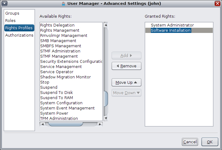 image:This figure shows available and granted user rights. Click Rights                         Profiles on the left hand side of the Advanced Settings dialog box to                         access.