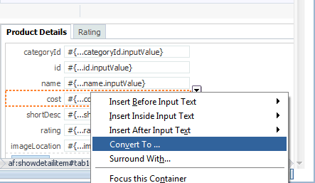 cost column with the Convert to menu option selected