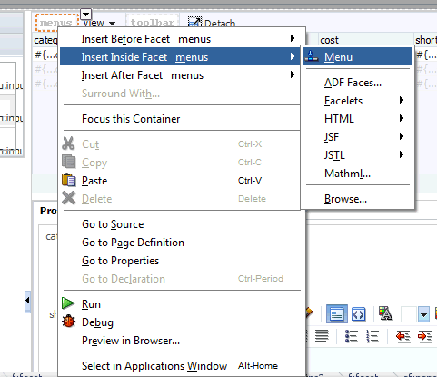 menu selected and context menu displayed showing insert a menu inside the facet