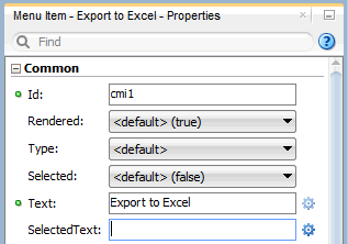 property inspector with text property set to Export to Excell