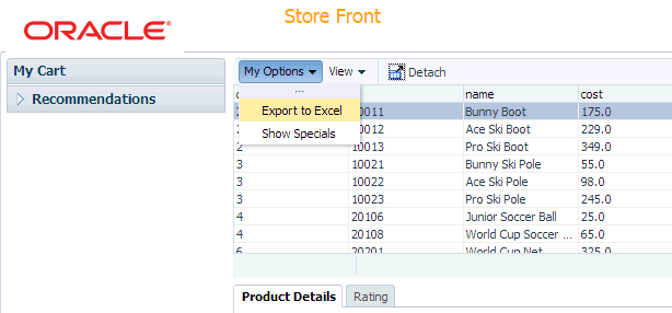 detached menu option and export to excel item highlighted