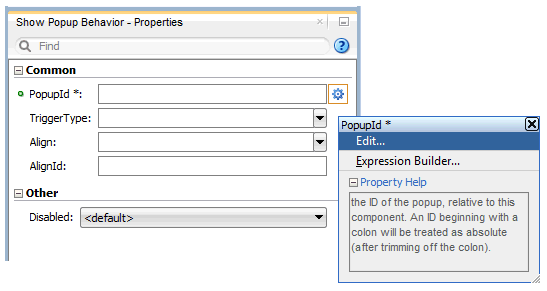 edit selected for PopupId property in property inspector