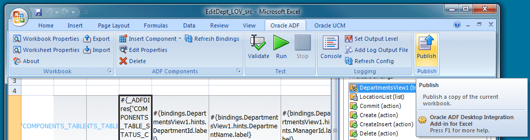 Oracle ADF tab of the Excel ribbon