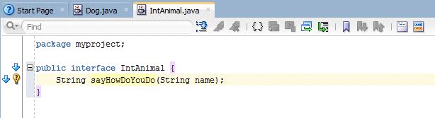 Source editor for IntAnimal interface - where the sayHowDoYouDo method is declared.