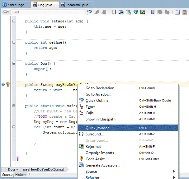 Source editor context menu, with Quick Javadoc menu option selected.