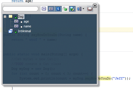 Source editor with Quick Outline ghost window over the top in dark blue:cursor indicates the Show Methods icon.