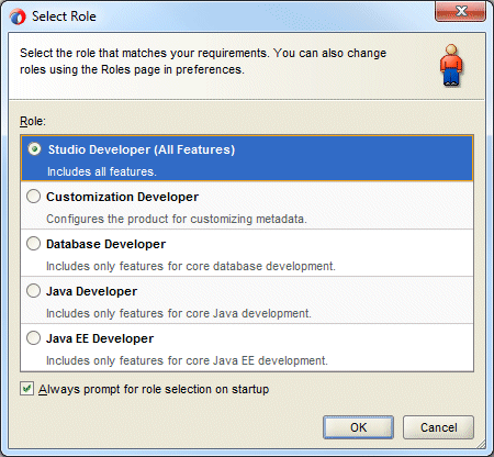 Select Role dialog with Studio Developer (All Features) selected by default