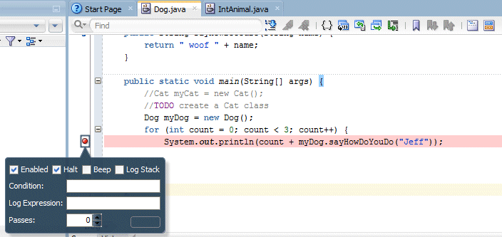 Source editor for Dog class;breakpoint (red dot) is displayed in left-hand gutter margin alongside the selected line.