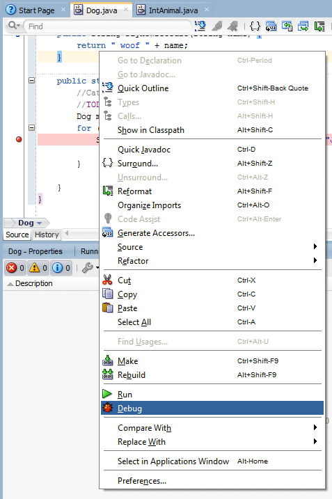 Source editor showing context menu with Debug menu option selected.