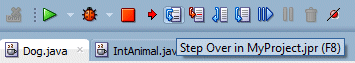 Source editor toolbar with cursor pointing to Step Over icon.