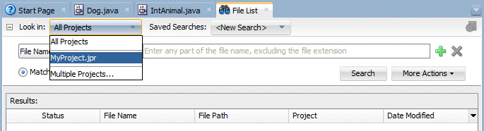 File List tab drop down menu, with MyProject.jpr selected.