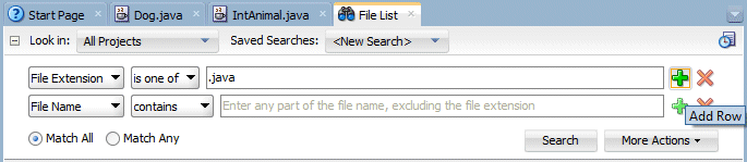 File List tab; green + has revealed greater number of Search criteria.
