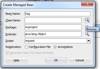 Create Managed bean dialog with Dog as the Bean Name and cursor on the Browse button beside the Class Name field.