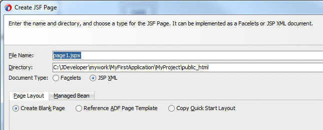 Create JSF Page dialog with values for page1.jspx. Cursor indicates JSP XML radio button.