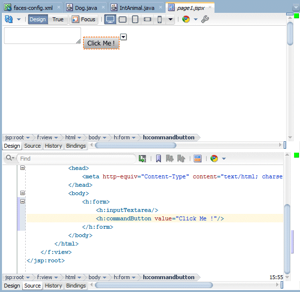 Design editor and source editor for page1.jspx with Click Me string selected in both editors.