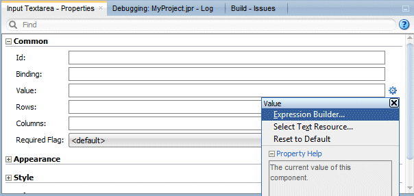 Property Inspector for inputText component showing dropdown box to right of the Value property, and Expression Builder menu item selected in the list.