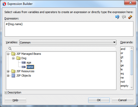 Expression Builder dialog, with JSF Managed Beans node expanded and name variable selected in the Dog managed bean. The expression shows the EL value for the variable.