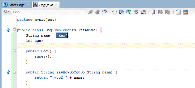 Source editor for Dog.java, with code = String name = 