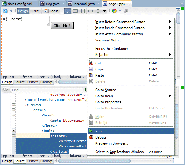 Application Navigator with page1.jspx selected and in context menu, Run menu item selected.