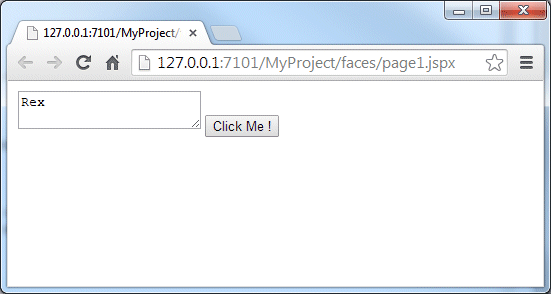 Browser window showing the input field containing the name 'Rex' and the Click Me! command button.
