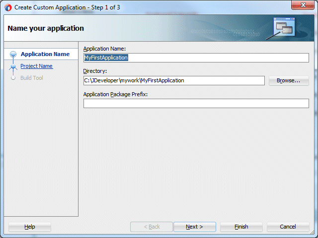 First page of the Create Custom Application wizard, application name